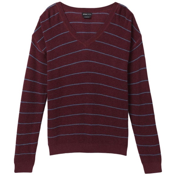 PRANA Women's Milani V-Neck Shirt Maroon Stripe Size Medium New - Picture 2 of 9
